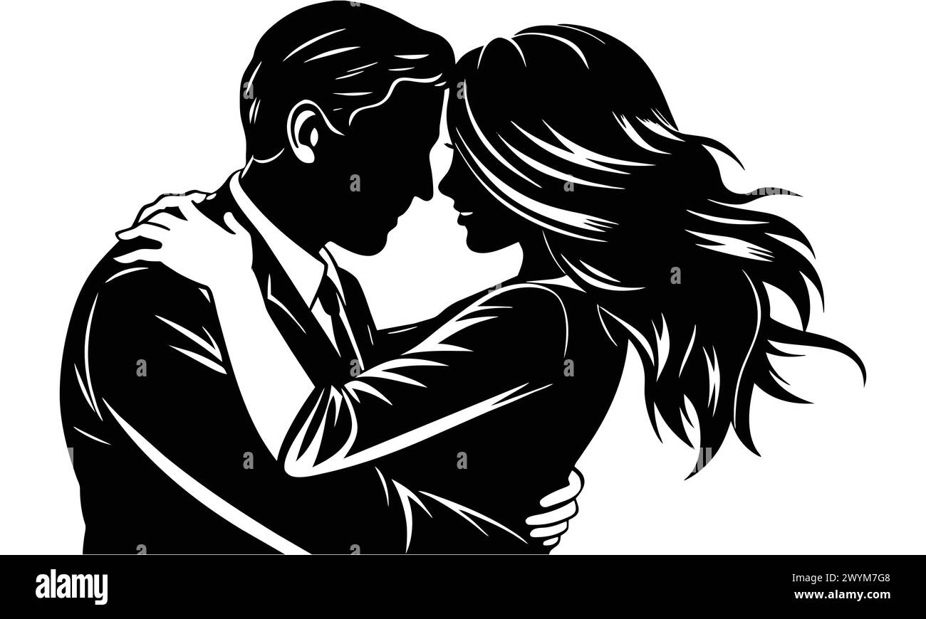 Ilustración de stock de una silueta de pareja amorosa abrazando, silueta vectorial de pareja feliz aislada sobre fondo blanco Ilustración del Vector