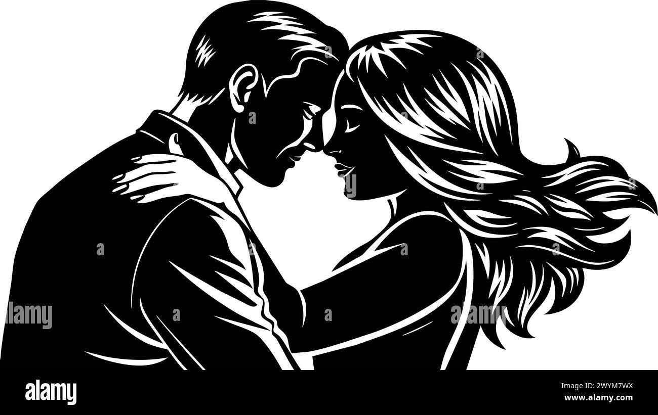 Ilustración de stock de una silueta de pareja amorosa abrazando, silueta vectorial de pareja feliz aislada sobre fondo blanco Ilustración del Vector