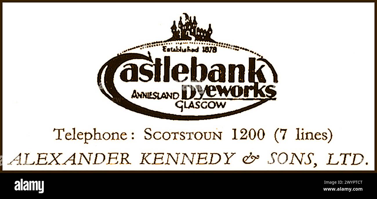 Un antiguo logotipo y anuncio para Castlebank Dyeworks, Glasgow, Escocia, Castlebank Dyeworks, una de las lavanderías más antiguas y más grandes de Glasgow, fundada por Alexander Kennedy en 1878. Foto de stock