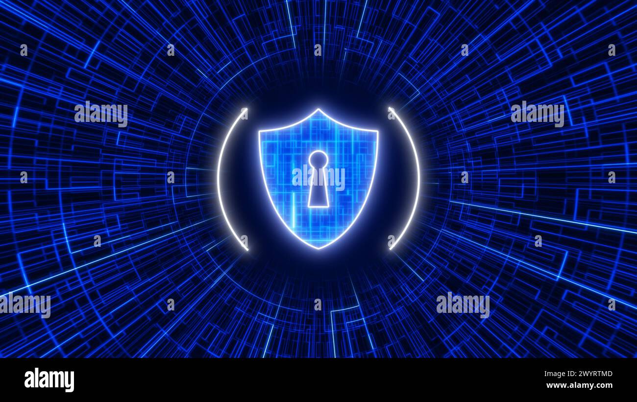 Concepto de seguridad cibernética de escudo con icono de ojo de cerradura en datos digitales Foto de stock