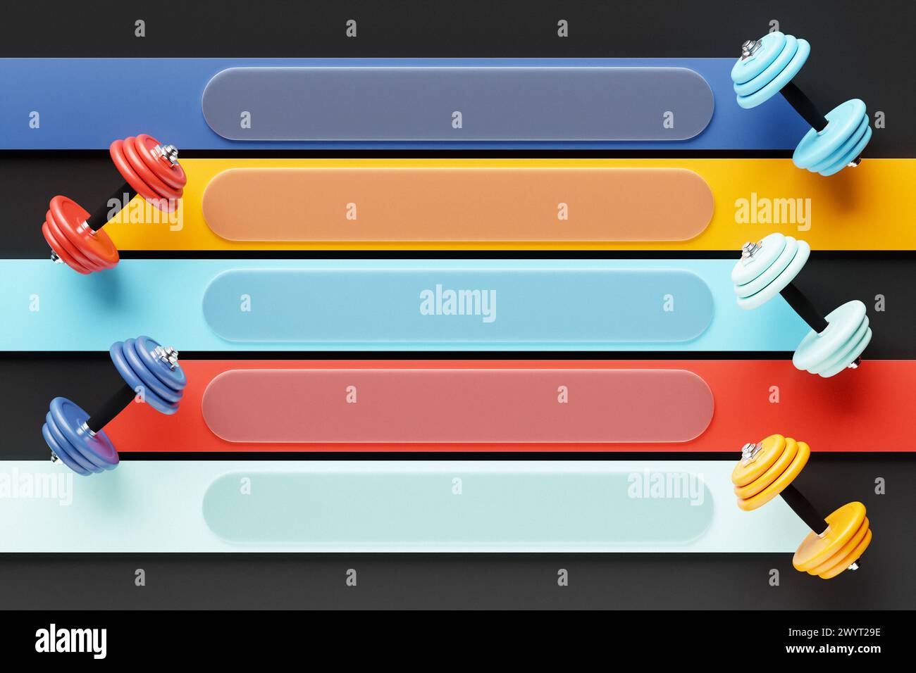 Infografía iconos horizontales de la salud de la cinta con pesas multicolores Foto de stock