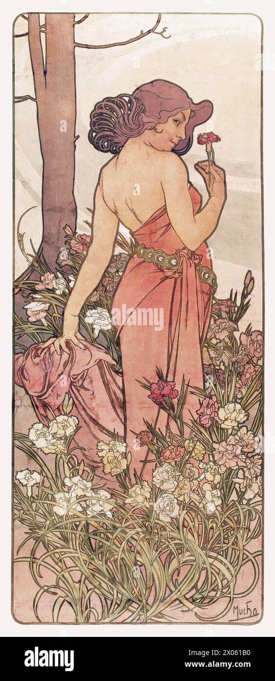 Les Fleurs - Flores - Alphonse Mucha, cartel art nouveau - parte 1 - color corregido Foto de stock