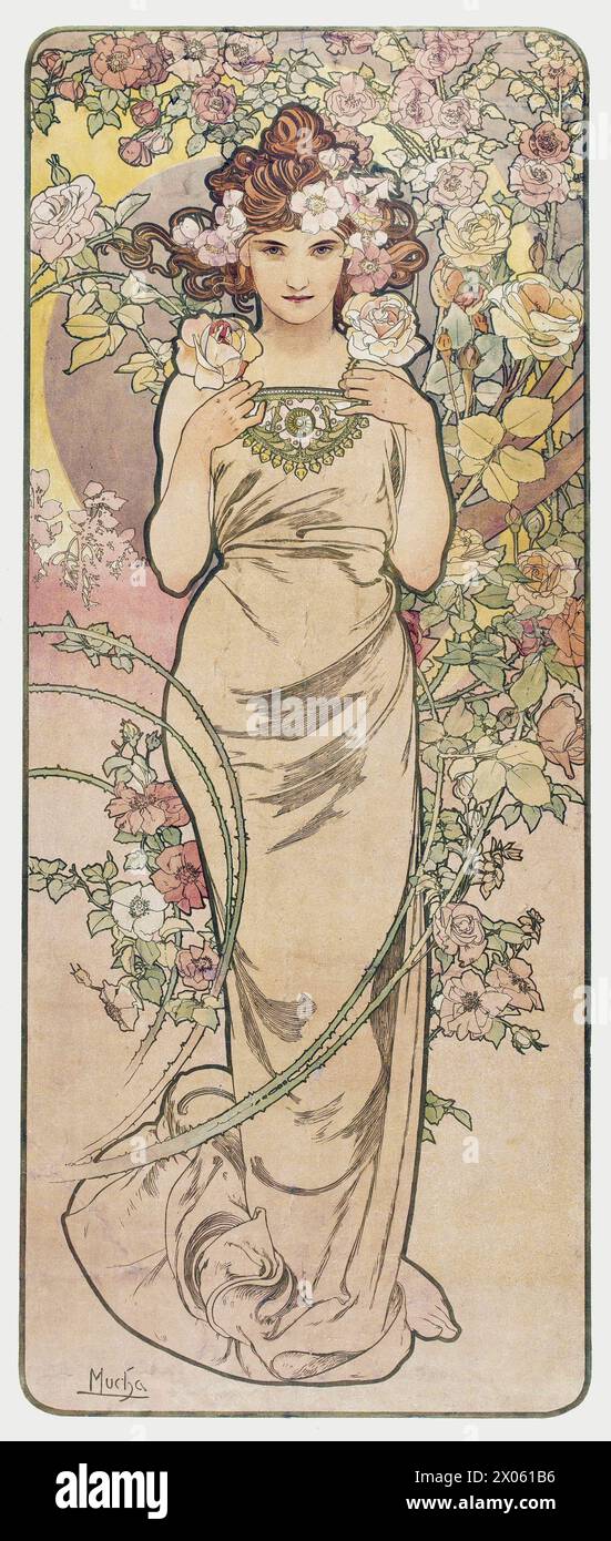 Les Fleurs - Flores - Alphonse Mucha, cartel art nouveau - parte 3 - color corregido Foto de stock
