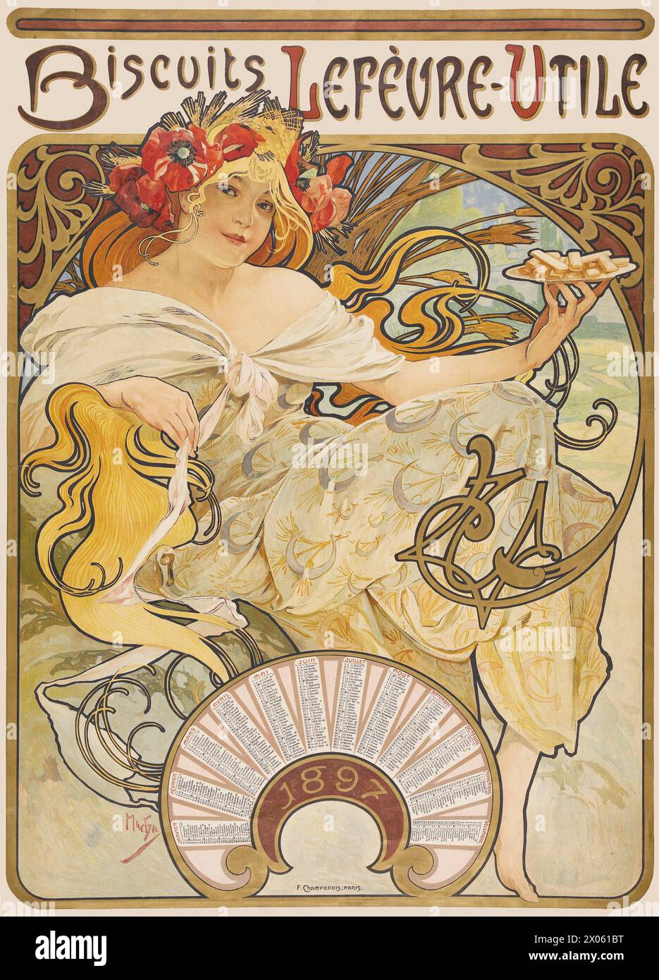 Alphonse Mucha - Calendario Art Nouveau, 1897 - Galletas Lefèvre-Utile cookies - versión retocada Foto de stock
