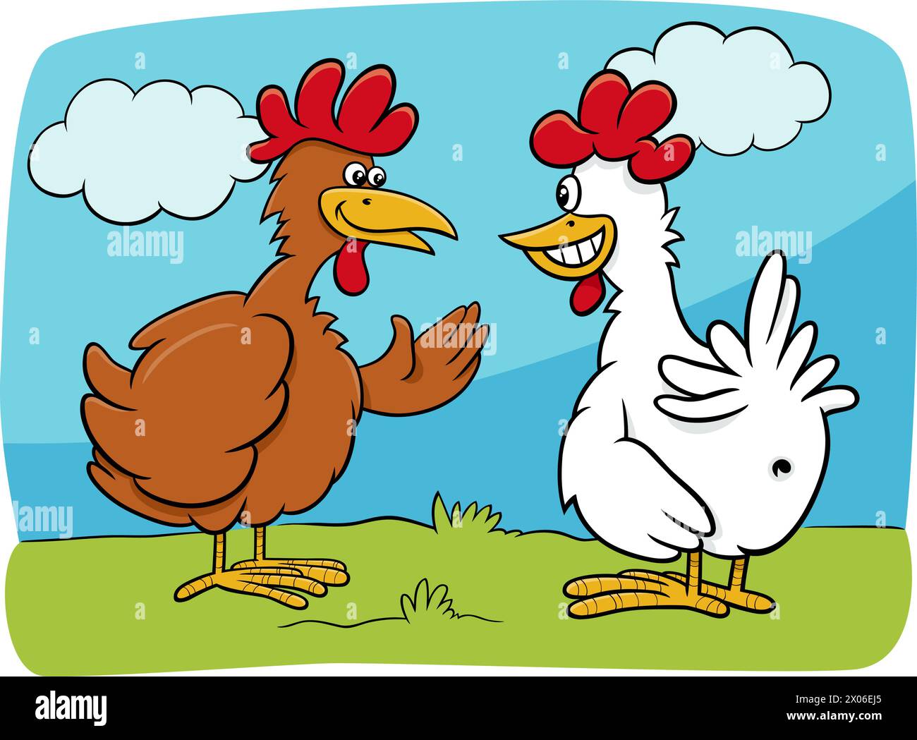 Ilustración de dibujos animados de dos personajes de aves de granja de pollos hablando Ilustración del Vector