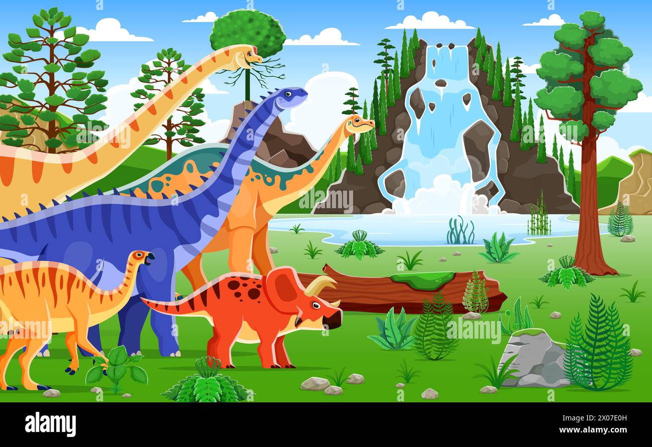 Los personajes de dinosaurios de dibujos animados recorren un vibrante paisaje prehistórico, exuberante con imponentes helechos y cascada. Juguetón braquiosaurio y tricerat Ilustración del Vector