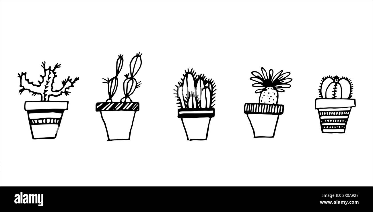 Conjunto de plantas de la casa en macetas con cactus y suculentas. Dibujado a mano plantas vector línea de arte Ilustración del Vector