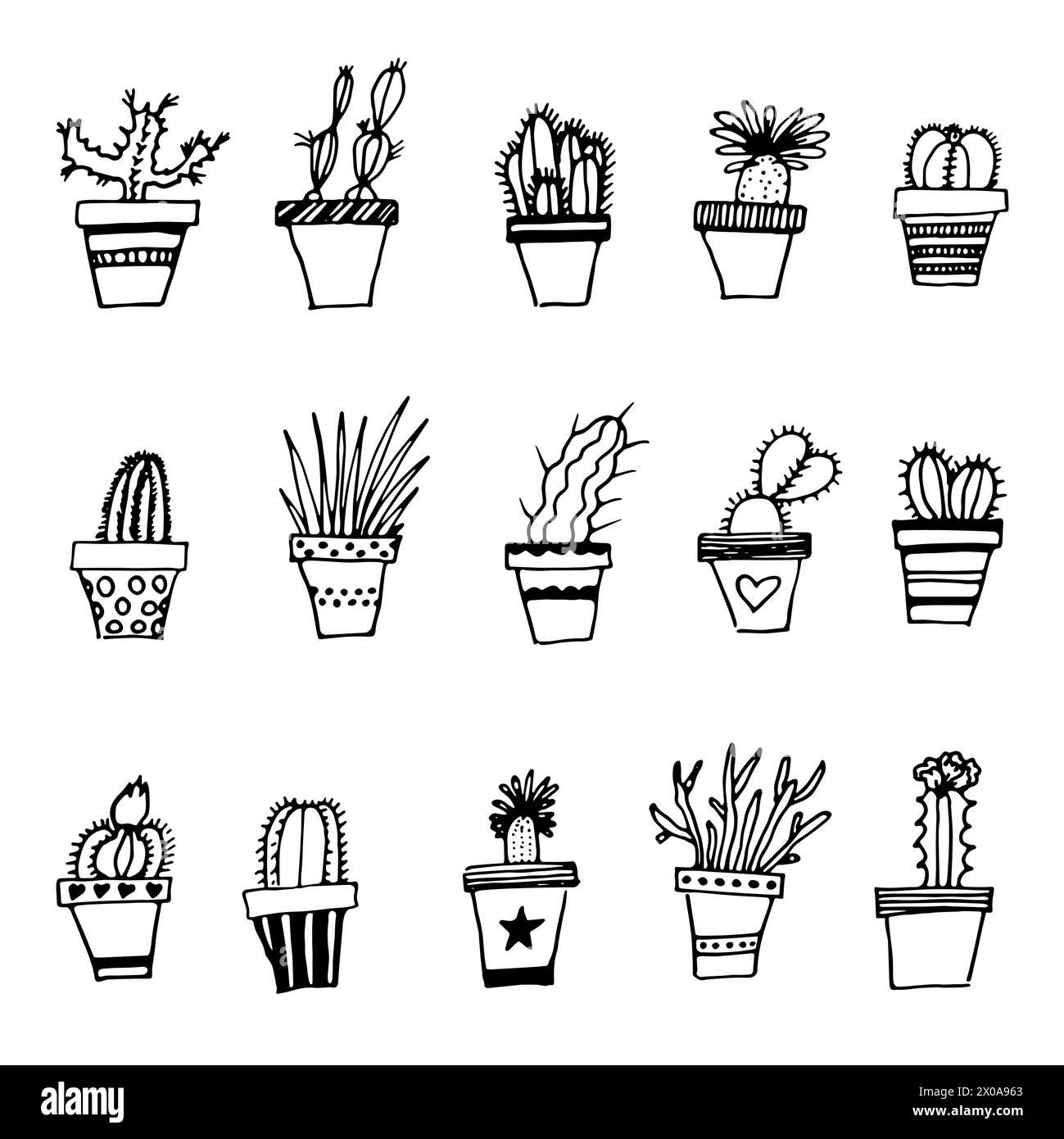 Conjunto de plantas de la casa en macetas con cactus y suculentas. Dibujado a mano plantas vector línea de arte Ilustración del Vector