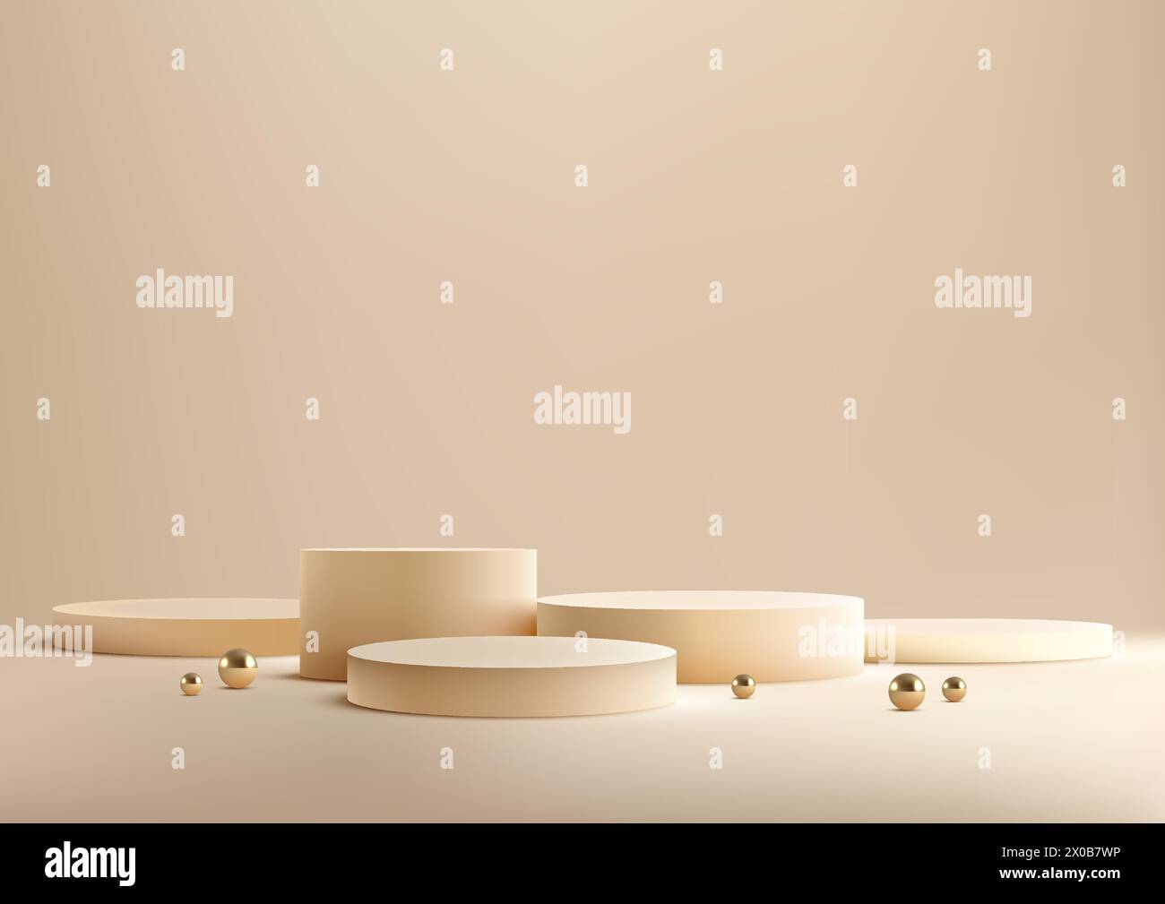 Grupo 3D de cinco cilindros blancos podiumwith bolas de oro sobre un fondo beige. Maquetas de exhibición de productos, estilo de lujo. Ilustración vectorial Ilustración del Vector