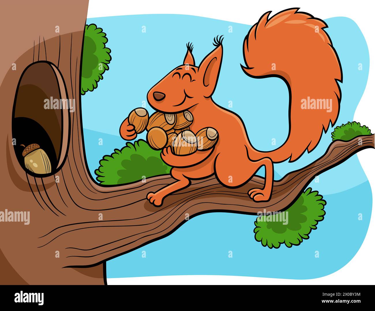 Ilustración de dibujos animados de gracioso personaje de ardilla animal llevando bellotas el hueco en el árbol Ilustración del Vector