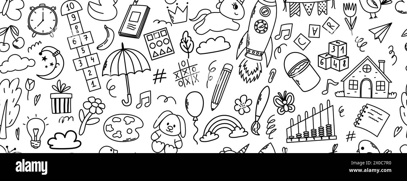 Patrón sin fisuras con elementos de doodle de guardería. Unicornio, hopscotch, juguetes, corona, paraguas, casa, árbol y otros elementos. Ilustración del Vector