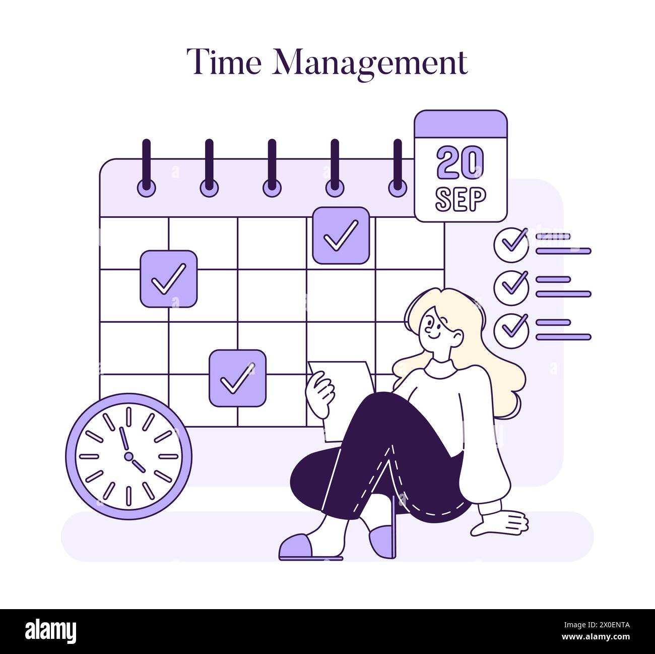 Concepto de gestión del tiempo. Una mujer organizada planifica eficientemente su horario, marcando las tareas en un calendario, personificando la utilización estructurada del tiempo. Ilustración vectorial Ilustración del Vector