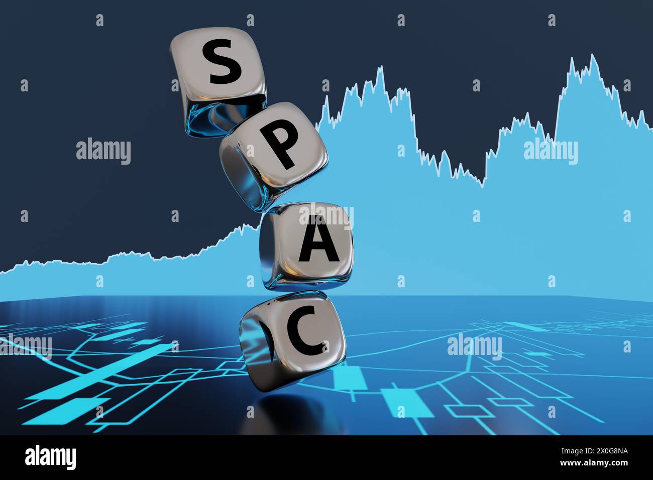Pila de dados metálicos de plata que forman la palabra SPAC en el fondo de la gráfica de stock azul y la carta de palo de vela. Empresa de adquisición de propósito especial Foto de stock