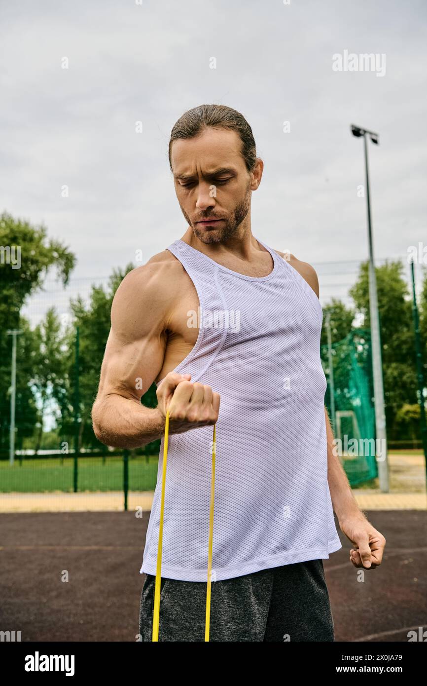 Un hombre determinado en ropa deportiva sostiene unos elásticos amarillos mientras hace ejercicio Foto de stock