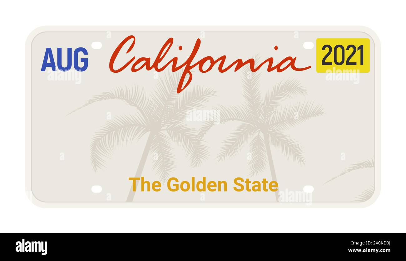 Signo de placa vectorial de la licencia de California. American metal road California matrícula símbolo plantilla Ilustración del Vector