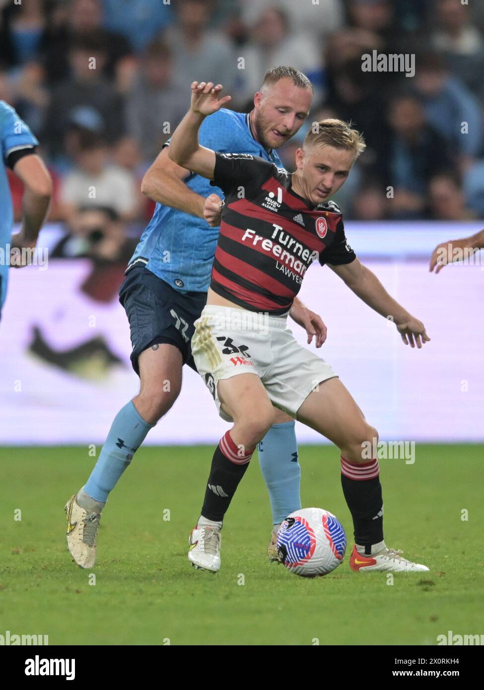 Sydney, Australia. 13 de abril de 2024. Rhyan Bert Grant (Izq.) del Sydney FC y Oscar James Moncrieff Priestman (Der.) del Western Sydney Wanderers FC se ven durante el partido de la ronda 24 de la temporada Isuzu UTE A-League 2023-24 entre el Sydney FC y el Western Sydney Wanderers FC celebrado en el Allianz Stadium. Resultado final Sydney FC 2:1 Western Sydney Wanderers. Crédito: SOPA Images Limited/Alamy Live News Foto de stock