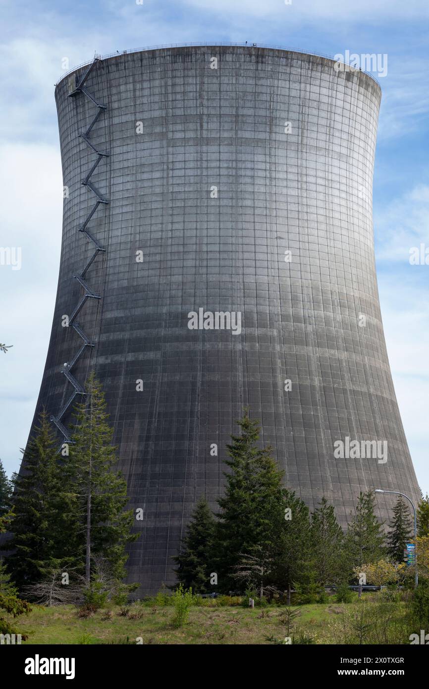 La torre de enfriamiento de la planta de energía nuclear Satsop desmantelada se cierne sobre el Parque de Desarrollo Satsop en Elma Washington el sábado 13 de abril de 2024. Foto de stock