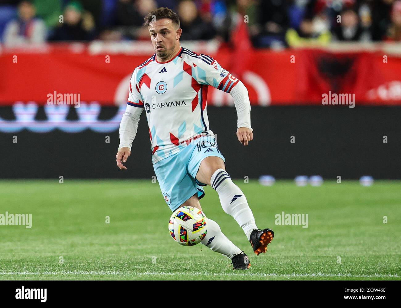 Harrison, Nueva Jersey, EE.UU.. 13 de abril de 2024. El centrocampista de Chicago Fire Xherdan Shaqiri (10) durante el partido de la MLS entre el Chicago Fire y los New York Red Bulls en el Red Bull Arena en Harrison, NJ Mike Langish/CSM/Alamy Live News Foto de stock