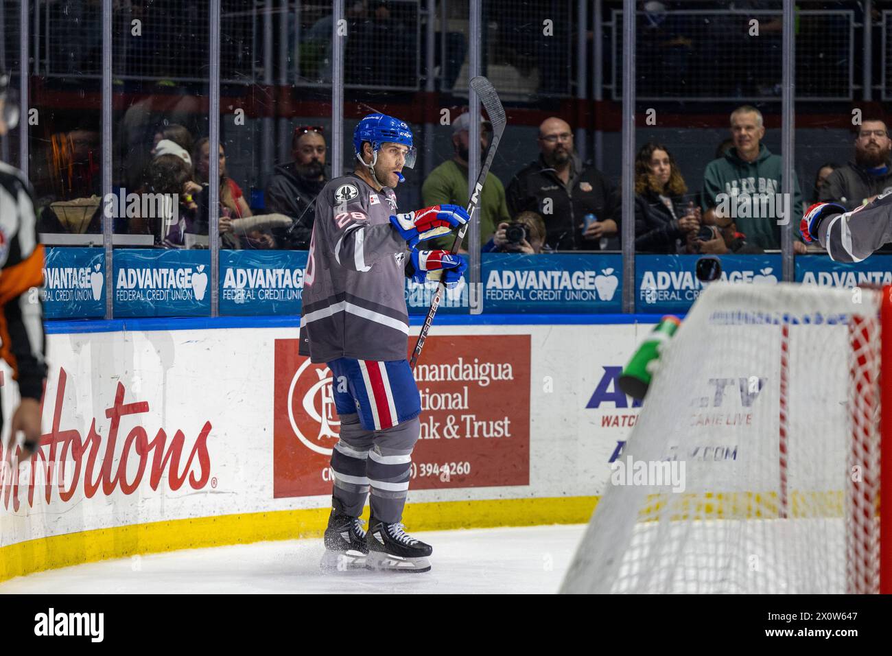 13 de abril de 2024: El delantero estadounidense de Rochester Michael Mersch (28 años) celebra un gol en el segundo período contra los Senadores de Belleville. Los estadounidenses de Rochester recibieron a los Senadores de Belleville en la noche de Roc the Rink en un partido de la Liga Americana de Hockey en el Blue Cross Arena en Rochester, Nueva York. (Jonathan Tenca/CSM) Foto de stock