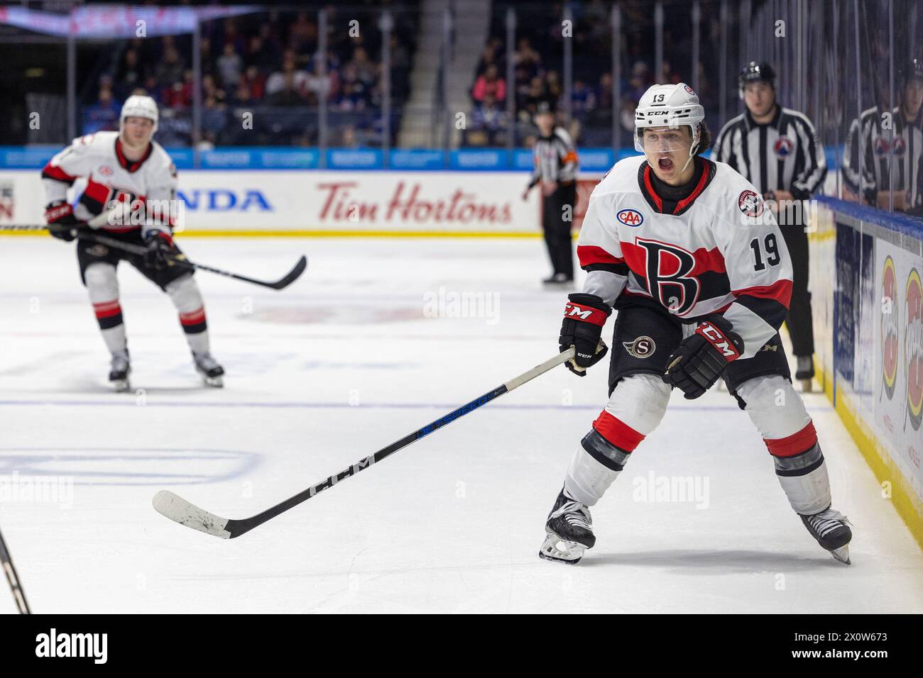 13 de abril de 2024: El delantero de los Senadores de Belleville Jamieson Rees (19) patina en el segundo período contra los Americanos de Rochester. Los estadounidenses de Rochester recibieron a los Senadores de Belleville en la noche de Roc the Rink en un partido de la Liga Americana de Hockey en el Blue Cross Arena en Rochester, Nueva York. (Jonathan Tenca/CSM) (Imagen de crédito: © Jonathan Tenca/Cal Sport Media) Foto de stock