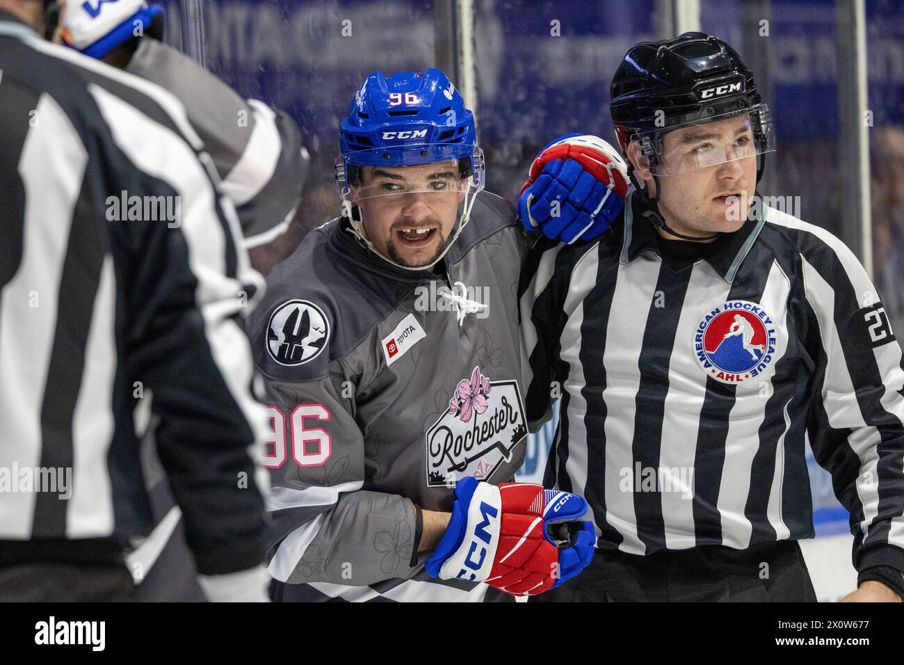 13 de abril de 2024: El delantero estadounidense de Rochester Damien Giroux (96) patina en el segundo período contra los Senadores de Belleville. Los estadounidenses de Rochester recibieron a los Senadores de Belleville en la noche de Roc the Rink en un partido de la Liga Americana de Hockey en el Blue Cross Arena en Rochester, Nueva York. (Jonathan Tenca/CSM) Foto de stock