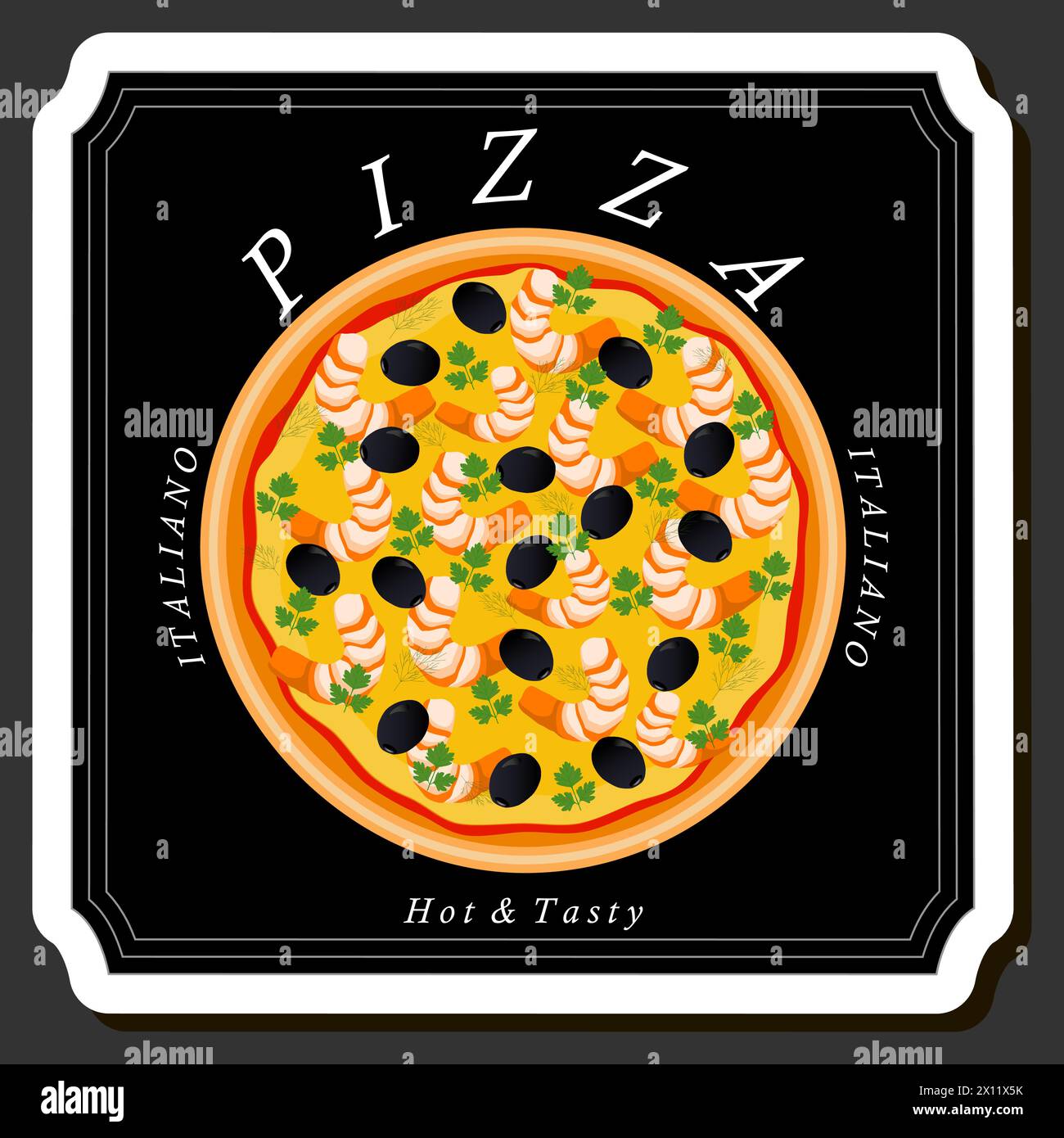 Ilustración sobre el tema Gran pizza sabrosa caliente al menú de pizzería, pizza italiana que consta de varios ingredientes como masa crujiente al horno, tomate rojo, GE Ilustración del Vector