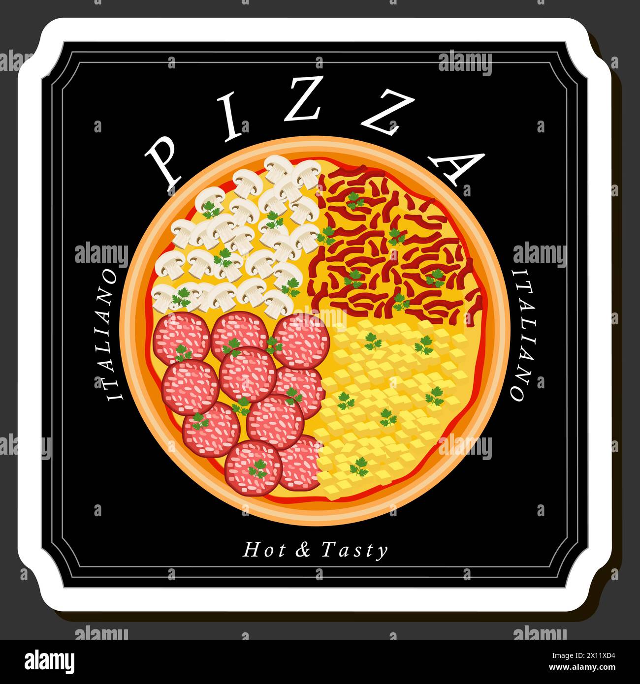 Ilustración sobre el tema Gran pizza sabrosa caliente al menú de pizzería, pizza italiana que consta de varios ingredientes como masa crujiente al horno, tomate rojo, GE Ilustración del Vector