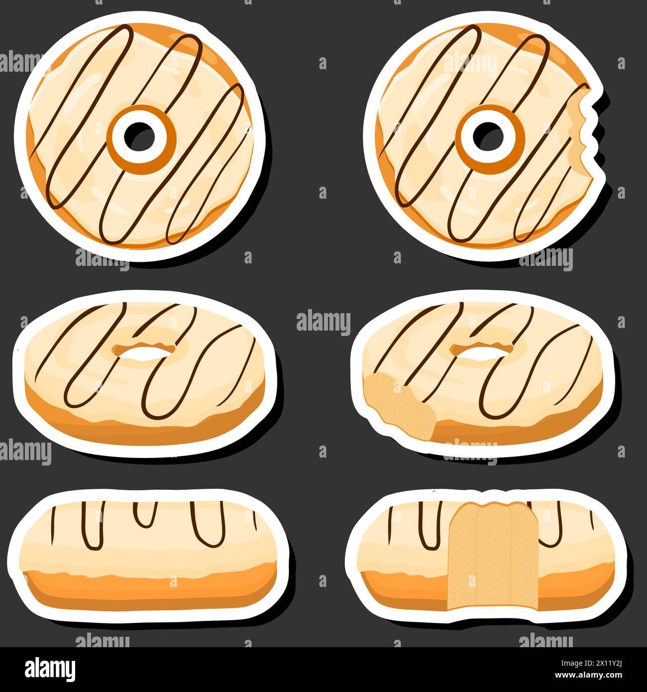 Ilustración sobre tema conjunto grande diferentes tipos de donuts pegajosos, donuts dulces de varios tamaños, patrón de donuts que consiste en la colección de donuts orgánicos fr Ilustración del Vector
