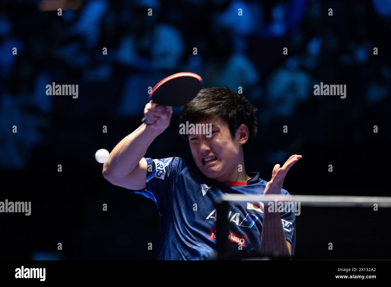 Macao, China. 15 de abril de 2024. Harimoto Tomokazu de Japón regresa durante el partido de singles masculino contra Andre Gaccini de Croacia en el WTT Champions Macao 2024 en el Galaxy Macao en Macao, China, el 15 de abril de 2024. Crédito: Cheong Kam Ka/Xinhua/Alamy Live News Foto de stock