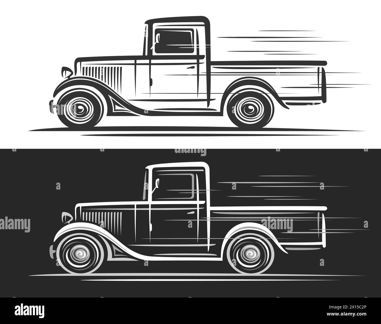 Logotipo del vector para el camión vintage, banner decorativo horizontal con la ilustración simple del contorno del camión vintage americano monocromo en movimiento, dibujo a mano Ilustración del Vector