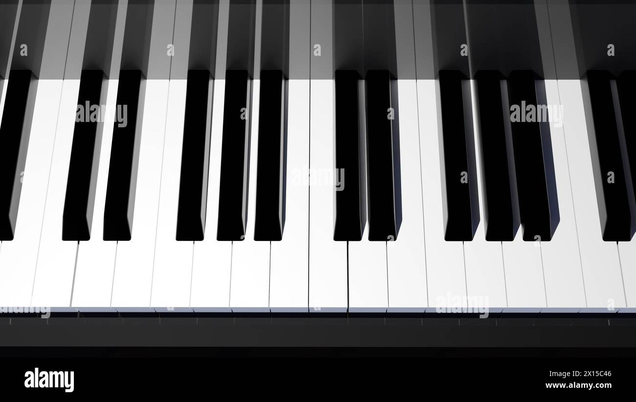 representación 3d de la vista de cerca del teclado desde el piano de cola Foto de stock