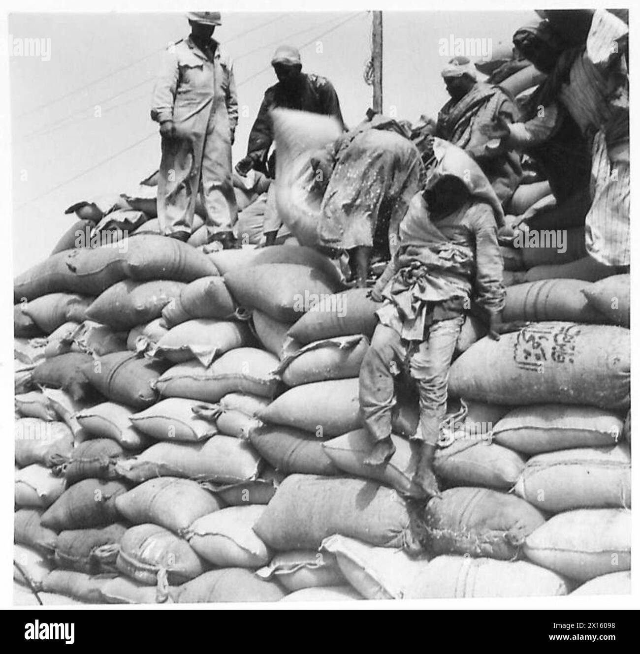 SUMINISTROS DE ALIMENTOS PARA EL MEDIO ORIENTE - Nativos apilando los sacos del Ejército Británico de Trigo Foto de stock