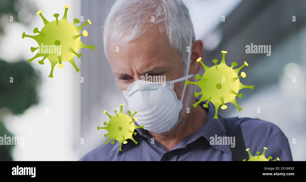 Imagen de las células COVID 19 sobre el hombre caucásico con máscara facial. Concepto global de pandemia COVID 19 imagen generada digitalmente. Foto de stock