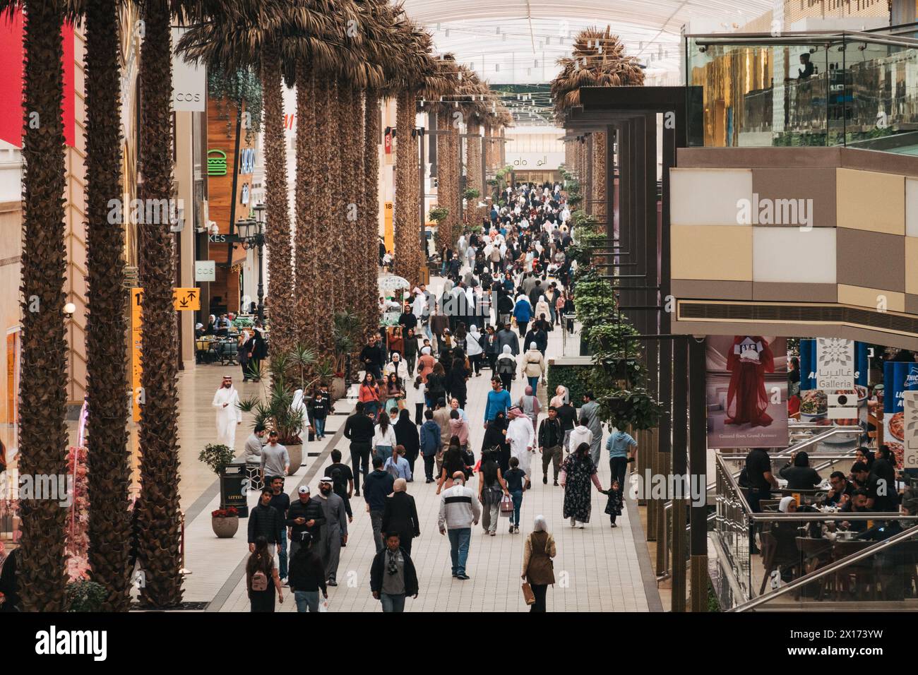 Las palmeras bordean una calle concurrida dentro de las avenidas, el centro comercial más grande de Kuwait Foto de stock