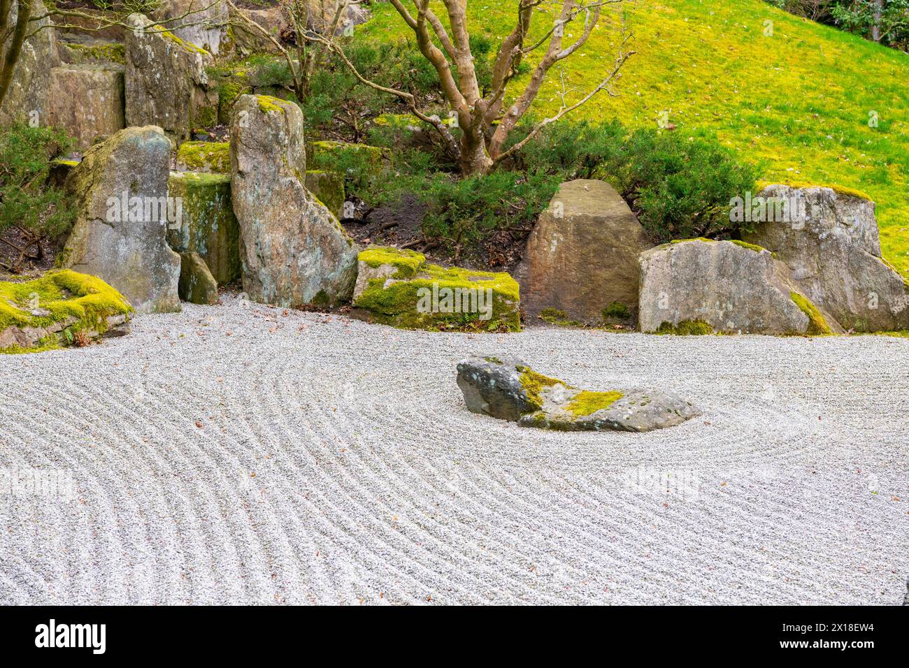 Jardín zen, guijarros rastrillados tradicionalmente, jardín japonés, jardines del mundo, Berlín, Alemania, Europa Foto de stock