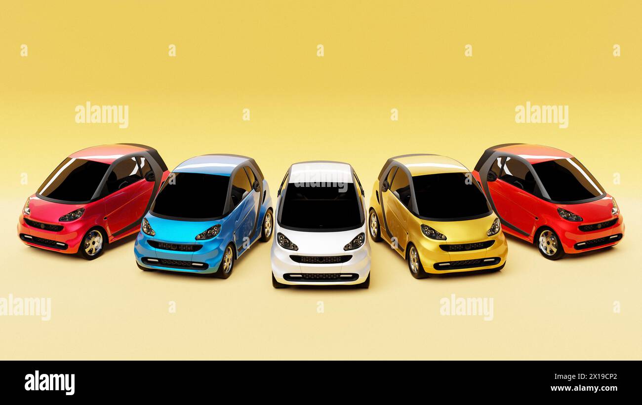 Ilustración 3D de modelos de coches de niños lindos sobre un fondo amarillo. HATCHBACK ilustración en estilo de dibujos animados Foto de stock