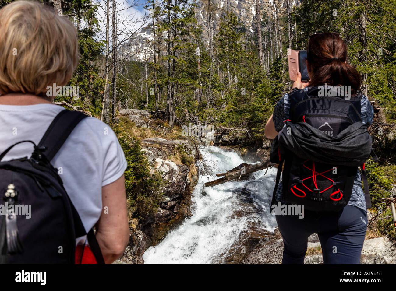 Poprad, Eslovaquia. 13 de abril de 2024. Los turistas caminan por senderos vestidos con ropa ligera en medio de pintorescas vistas sobre un río de montaña en el valle de Mala Studena, cordillera de Alto Tatra (Vysoke Tatry) en el norte de Eslovaquia. Las temperaturas de este mes de abril son inusualmente altas lo que atrae a más turistas y hace que la nieve en altitudes más altas se derrita. Crédito: SOPA Images Limited/Alamy Live News Foto de stock