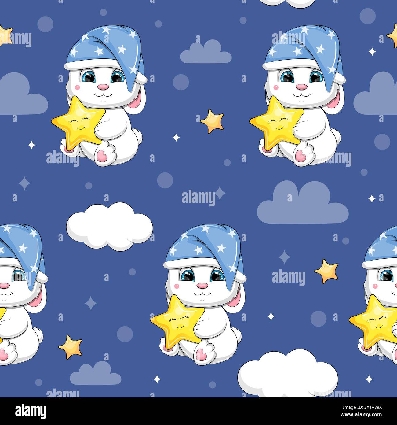 Patrón sin fisuras de conejos blancos lindos de dibujos animados con estrellas amarillas y nubes. Ilustración vectorial de noche de animales sobre fondo azul oscuro con estrellas. Ilustración del Vector