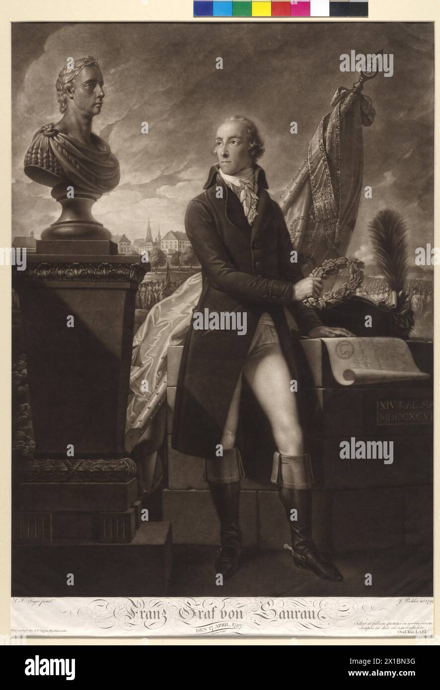 Franz Conde von Saurau, el 17 de abril de 1797, cuadro con corona de laurel y la señal a la educación Un público posse comitatus (4,4.1797), junto a un busto del emperador Franz II en la imagen posterior de la bandera, las tropas y el centro de la ciudad vienesa. Mezzotinta de Johann Peter Pichler Basado en una pintura de Henry Frederick Fueger, guion von Christian Junker, - 17990101 PD0031 - Información de prensa: Derechos Protegidos (RM) Foto de stock