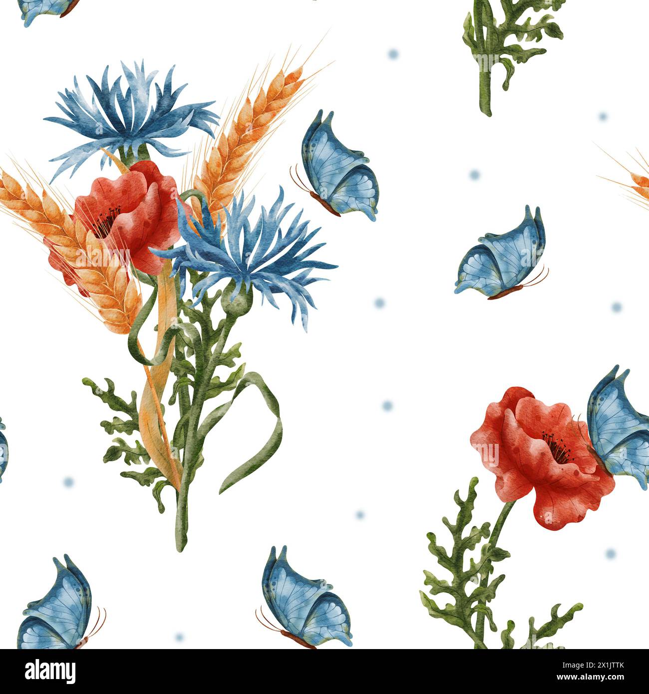 Un ramo de trigo, amapolas y flor de maíz. Patrón de acuarela sin fisuras con flores de amapola roja y orejas de trigo. Flores silvestres, mariposas. Foto de stock