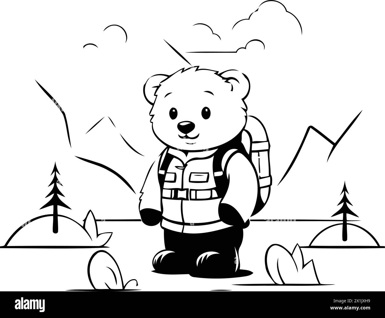 Ilustración vectorial de un oso lindo de dibujos animados con una mochila  de pie en la orilla de un río de montaña Imagen Vector de stock - Alamy