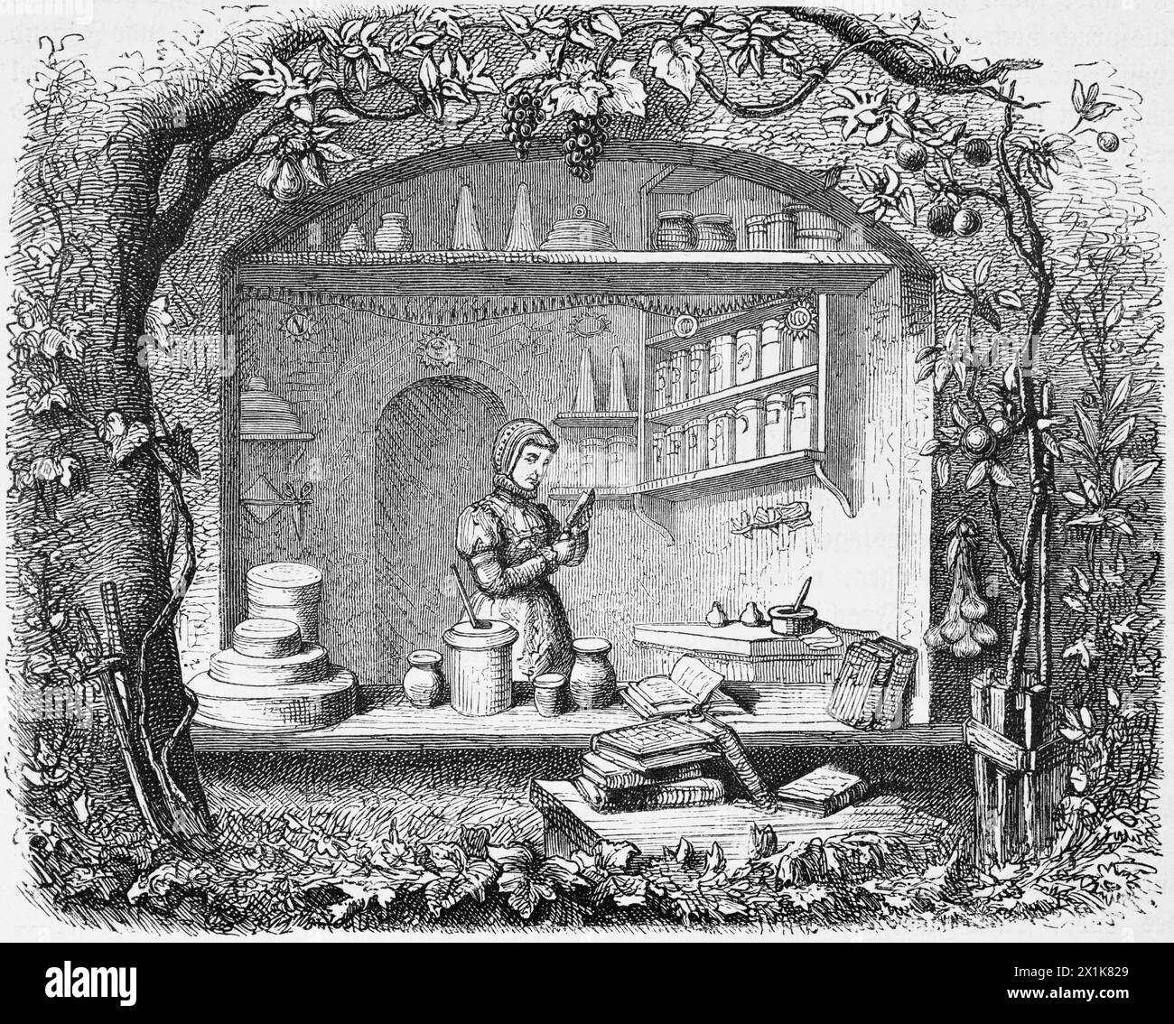 Trabajando en una farmacia principesca a finales del siglo XVI, Prusia, ilustración histórica 1880 Foto de stock