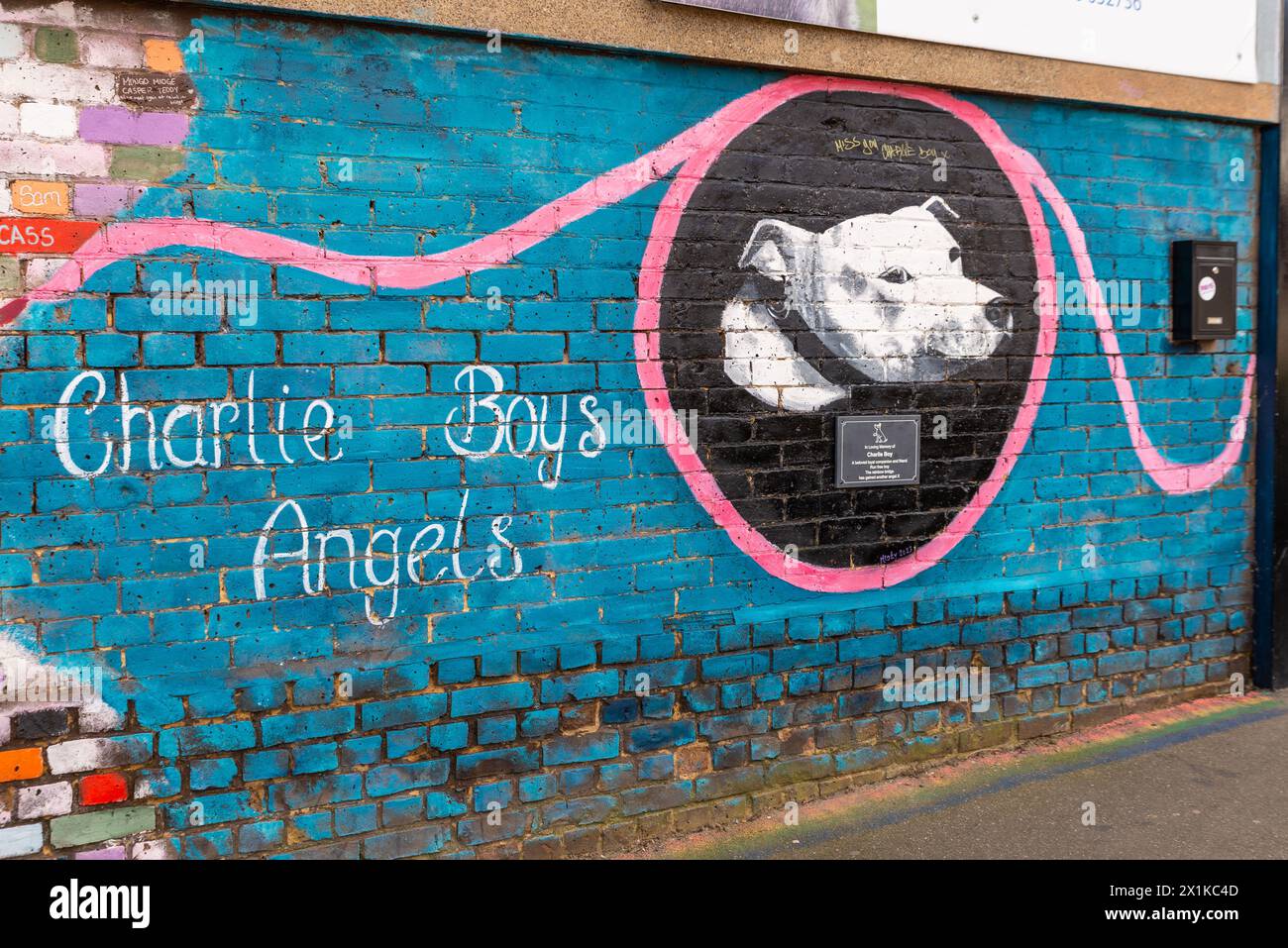 Arte de graffiti y placa conmemorativa para el perro Charlie Boy asesinado durante el ataque a su dueño sin hogar. Charlie Boys Angels ayuda a las mascotas de las personas sin hogar Foto de stock