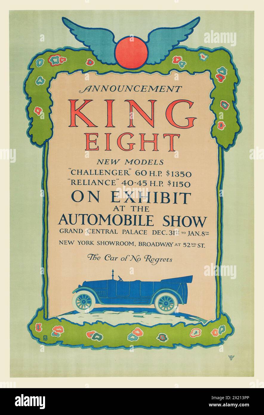 Anuncio del coche vintage - exhibición del automóvil - 1915 rey ocho en la exposición - nuevos modelos, 'Challenger' y 'Reliance' - sala de exposición de Nueva York, Grand Central Palace - cartel de publicidad Foto de stock