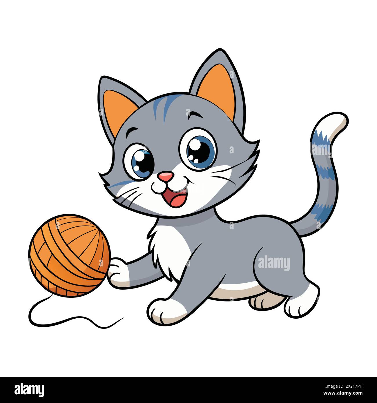 Adorable gatito de dibujos animados jugando con hilo. Personaje juguetón de gatito con hilo. Gato encantador jugando con bola de hilo - Vector de dibujos animados Illustrationa Ilustración del Vector