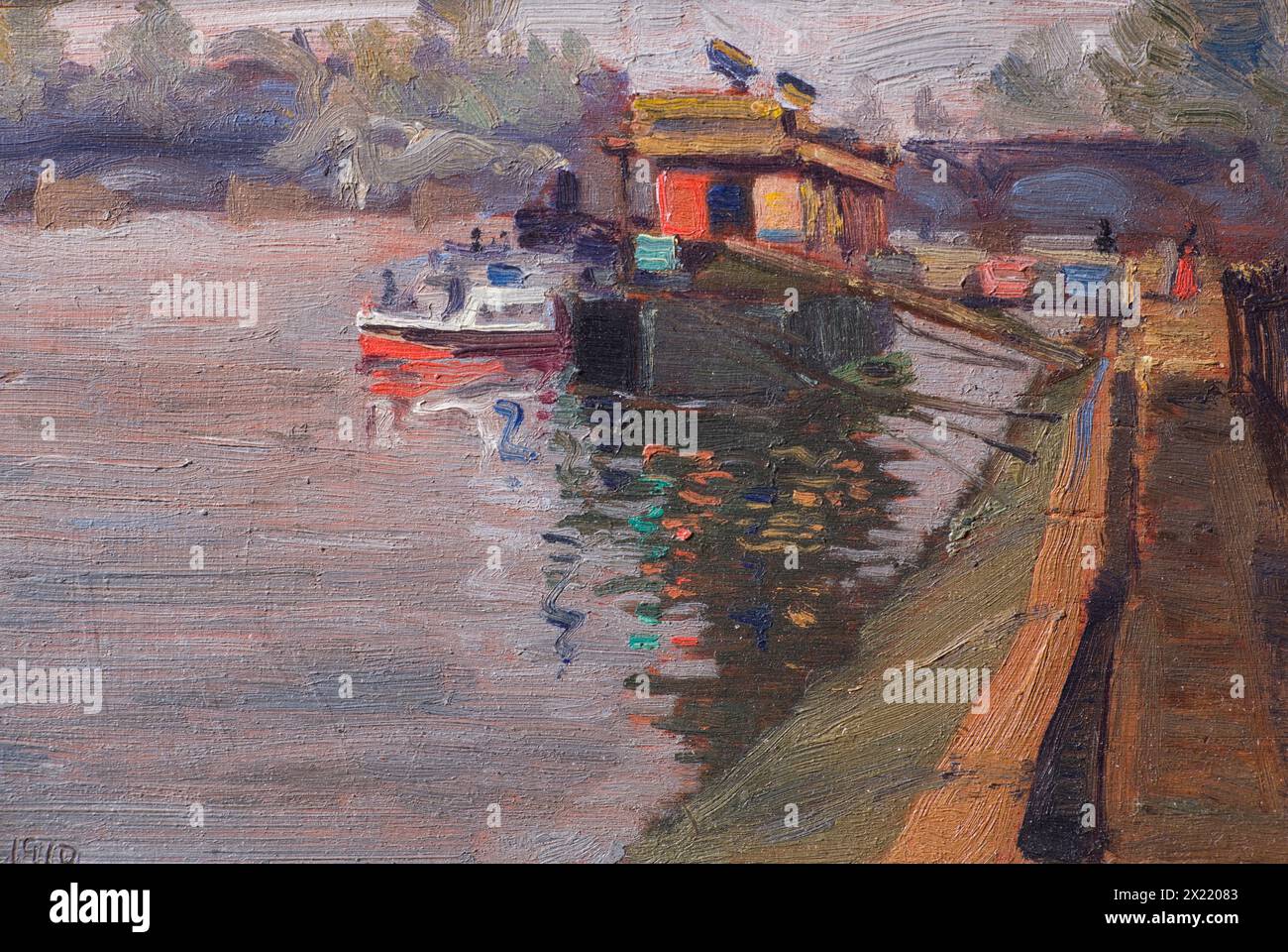 Pintura al óleo impresionista de la barcaza de lavandería en el río Sena en París por pintor desconocido en 1910 Foto de stock