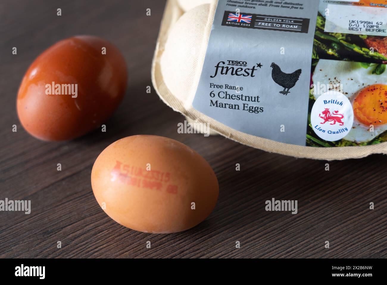 Tesco Finest marca propia de la marca libre de la gama Chestnut Maran huevos y un cartón de huevo, Inglaterra. Concepto: Huevos de supermercado, huevos de pollo, calidad del León Británico Foto de stock