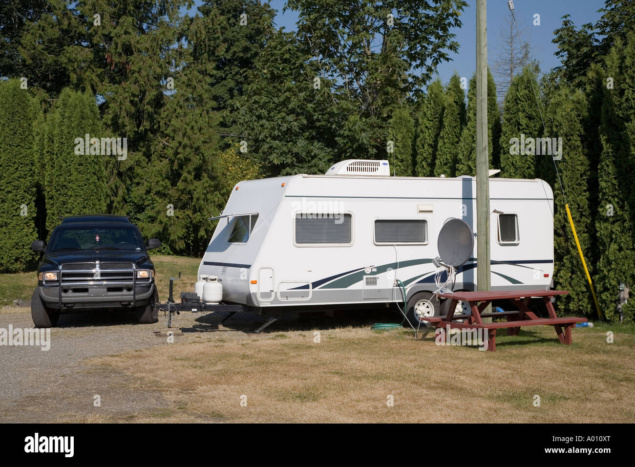 Caravana con antena parab lica de televisi n en camping tabla