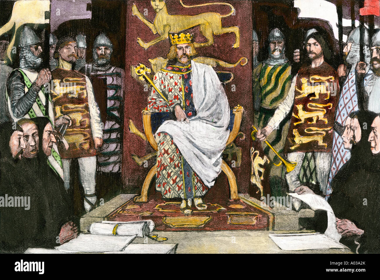 El rey Enrique II en su papel como juez itinerante en la Inglaterra medieval. Mano de color halftone de ilustración. Foto de stock