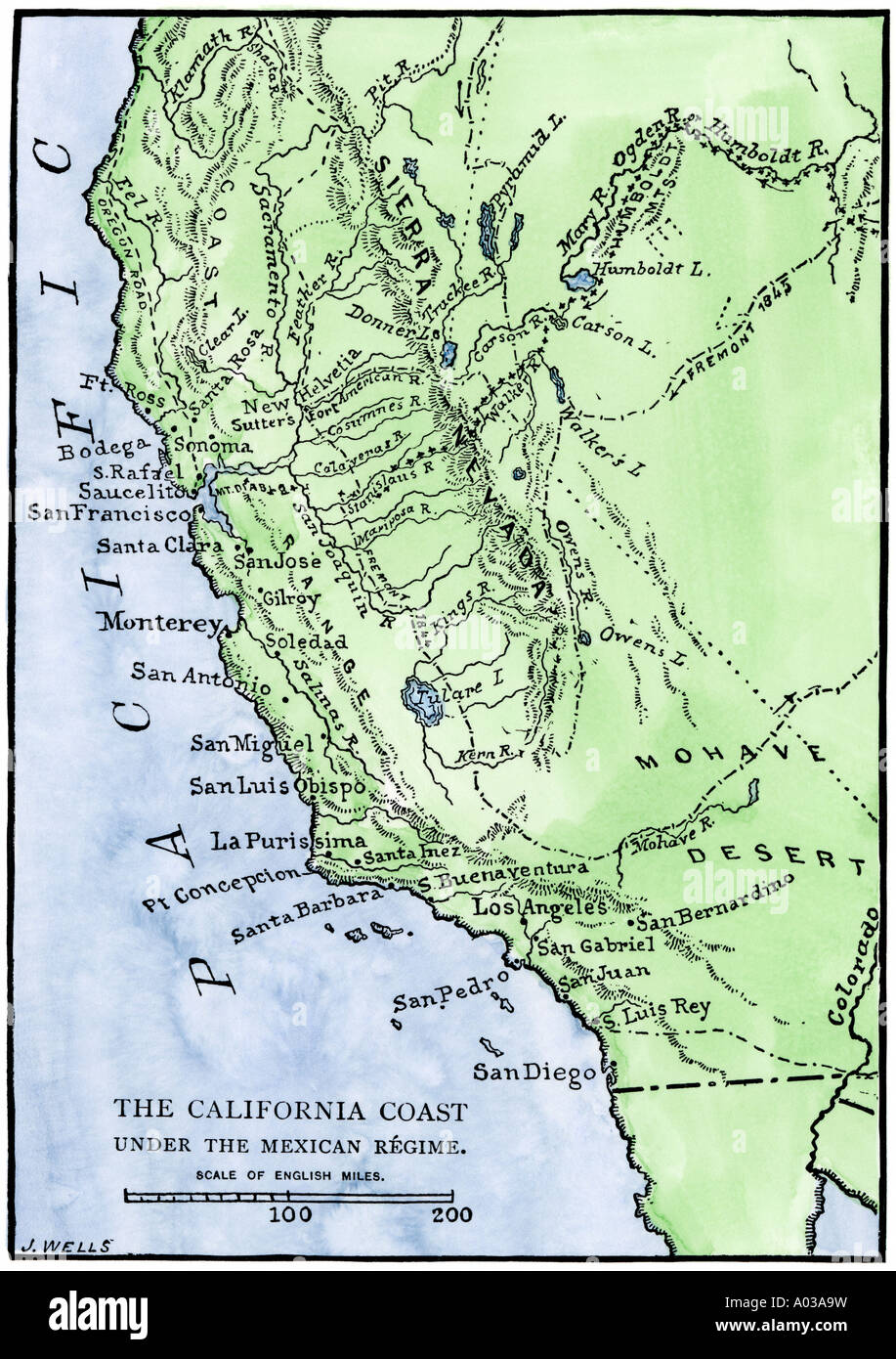 Mapa de California bajo el gobierno mexicano, a principios de 1800. Xilografía coloreada a mano Foto de stock